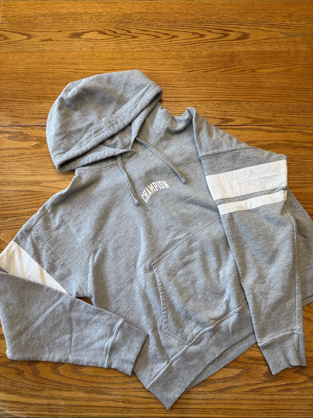 Champion Gray Pullover Hoodie with White Sleeve Stripes